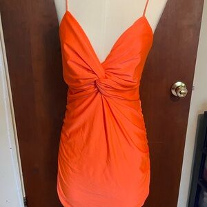 Vibrant Orange Twist Front Dress